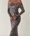 Kadın adonna Yaka Dalgıç Kumaş Leopar Desen axi Boy Derin Yırtmaçlı Elbise