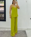 Kadın Aerobin Kumaş Bol Paça Pantolon Ve Askılı Bluz Ikili Takım