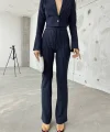 Kadın anşet Yaka Ispanyol Kol çizgi Detay Kısa Ceket Ve Yüksek Bel Ispanyol Paça Pantolon Ikili Takım