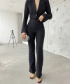 Kadın anşet Yaka Ispanyol Kol çizgi Detay Kısa Ceket Ve Yüksek Bel Ispanyol Paça Pantolon Ikili Takım