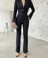 Kadın anşet Yaka Ispanyol Kol çizgi Detay Kısa Ceket Ve Yüksek Bel Ispanyol Paça Pantolon Ikili Takım