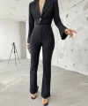 Kadın anşet Yaka Ispanyol Kol çizgi Detay Kısa Ceket Ve Yüksek Bel Ispanyol Paça Pantolon Ikili Takım