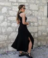 Kadın Arkadan çapraz Detay Yuvarlak Yaka Maksi Viskon Elbise