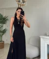 Kadın Arkadan çapraz Detay Yuvarlak Yaka Maksi Viskon Elbise