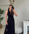 Kadın Arkadan çapraz Detay Yuvarlak Yaka Maksi Viskon Elbise