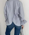 Kadın Arkası Asimetrik Yırtmaç Kesim Detaylı Cizgili Bluz Gömlek - Füme