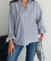Kadın Arkası Asimetrik Yırtmaç Kesim Detaylı Cizgili Bluz Gömlek - Füme