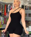 Kadın Asimetrik Askılı Mini Kaşkorse Bodycon Tulum