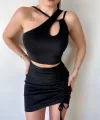 Kadın Asimetrik Yaka Detay Crop Ve Yüksek Bel Mini Etek Ikili Takim