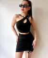 Kadın Asimetrik Yaka Detay Crop Ve Yüksek Bel Mini Etek Ikili Takim