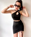 Kadın Asimetrik Yaka Detay Crop Ve Yüksek Bel Mini Etek Ikili Takim