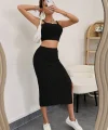 Kadın Askılı Crop Yırtmaçlı Midi Etek Fitilli Kaşkorse Takım