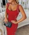Kadın Askılı Dekolteli Taş Detaylı Kısa Ithal Krep Elbise