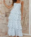 Kadın Askılı Dekolteli Yırtmaç Detay çiçek Baskılı Süprem Midi Elbise
