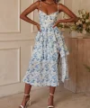 Kadın Askılı Dekolteli Yırtmaç Detay çiçek Baskılı Süprem Midi Elbise
