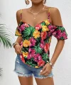Kadın Askılı Omuzlardan Açık çiçek Baskılı Bluz