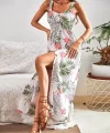 Kadın Askılı önden Düğmeli Yaprak Desenli Uzun Süprem Elbise