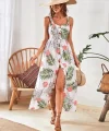 Kadın Askılı önden Düğmeli Yaprak Desenli Uzun Süprem Elbise