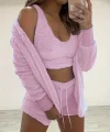 Kadın Askılı Peluş Bluz,şort Ve Ceket üçlü Takım