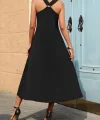 Kadın Askılı V Yakalı Halka Detaylı Maksi Boy Viskon Elbise