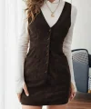 Kadın Askılı V Yakalı önden Düğmeli Mini Kalın Fitilli Kadife Elbise