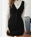 Kadın Askılı V Yakalı önden Düğmeli Mini Kalın Fitilli Kadife Elbise