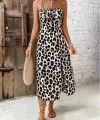 Kadın Askılı Yakadan Bağcıklı Yırtmaçlı Leopar Desenli Midi Süprem Elbise