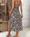 Kadın Askılı Yakadan Bağcıklı Yırtmaçlı Leopar Desenli Midi Süprem Elbise