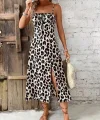 Kadın Askılı Yakadan Bağcıklı Yırtmaçlı Leopar Desenli Midi Süprem Elbise