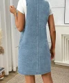 Kadın Askılı Yuvarlak Yaka A Kesim Cep Detaylı Kot Elbise