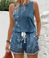 Kadın Askılı Yuvarlak Yaka çiçek Baskılı Süprme Bluz Ve Short Ikili Takım
