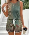 Kadın Askılı Yuvarlak Yaka çiçek Baskılı Süprme Bluz Ve Short Ikili Takım
