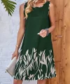 Kadın Askılı Yuvarlak Yakalı Yaprak Desenli Dalgıç Elbise