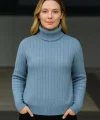 Kadın Balıkcı Yaka Bağazlı Triko Kazak Pamuklu Kalın Fitilli Dokuma - Bebek Mavisi