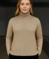 Kadın Balıkcı Yaka Bağazlı Triko Kazak Pamuklu Kalın Fitilli Dokuma - Bej