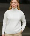 Kadın Balıkcı Yaka Bağazlı Triko Kazak Pamuklu Kalın Fitilli Dokuma - Beyaz