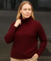 Kadın Balıkcı Yaka Bağazlı Triko Kazak Pamuklu Kalın Fitilli Dokuma - Bordo