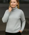 Kadın Balıkcı Yaka Bağazlı Triko Kazak Pamuklu Kalın Fitilli Dokuma - Gri