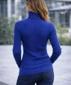 Kadın Balıkcı Yaka Bağazlı Triko Kazak Pamuklu Kalın Fitilli Dokuma - İndigo