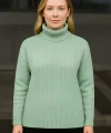 Kadın Balıkcı Yaka Bağazlı Triko Kazak Pamuklu Kalın Fitilli Dokuma - Mint Yeşili