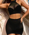Kadın Balıkçı Yaka Delikli Krop Bluz Ve Etek Triko Ikili Takım