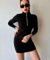 Kadın Balıkçı Yaka Fermuar Detay Mini Elbise