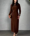 Kadın Balıkçı Yaka Toka Detay Sandy Kumaş Midi Boy Elbise