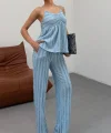 Kadın Bebe Mavisi Dokulu Askılı Üst Ve Bol Paça Pantolon 2’li Takım
