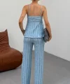 Kadın Bebe Mavisi Dokulu Askılı Üst Ve Bol Paça Pantolon 2’li Takım