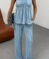 Kadın Bebe Mavisi Dokulu Askılı Üst Ve Bol Paça Pantolon 2’li Takım