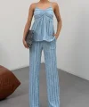Kadın Bebe Mavisi Dokulu Askılı Üst Ve Bol Paça Pantolon 2’li Takım