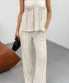 Kadın Bej Dokulu Askılı Üst Ve Bol Paça Pantolon 2’li Takım