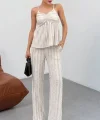 Kadın Bej Dokulu Askılı Üst Ve Bol Paça Pantolon 2’li Takım