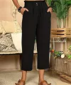 Kadın Bel Büzgü Ve Düğme Detay Kapri Keten Pantolon